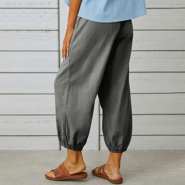 Brglopf Women's Capri Pants High Waist Wide Leg Strechy Cinch Bottom with  Button Casual Loose Trouser with Pockets 
