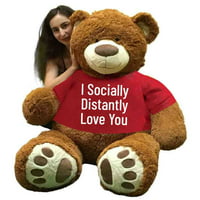 Big Plush 5 Foot Giant Brown Teddy Bear 60 Inches 152 cm Wears Tshirt I Socially Distantly Love You, Huge Soft Stuffed Animal Made in USA