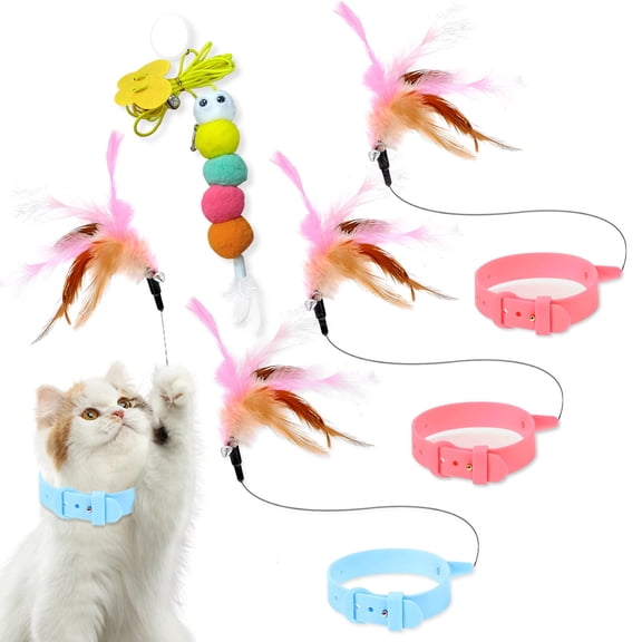 5 Pieces Interactive Cat Toy Set, Colorful Cat Feather Collar Toy & Hanging Cat Toy, Indoor Cat Teasing Wand Door Toy for Kitten Christmas Kitty Pet Play