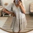 thumbnail image 4 of TNOBHG Casual Loose Fit Dress Women Dress Shiny Sequin A-line Patchwork Big Swing V Neck Pleated Round Neck Short Sleeve Prom Party Above Knee Mini Dress, 4 of 8
