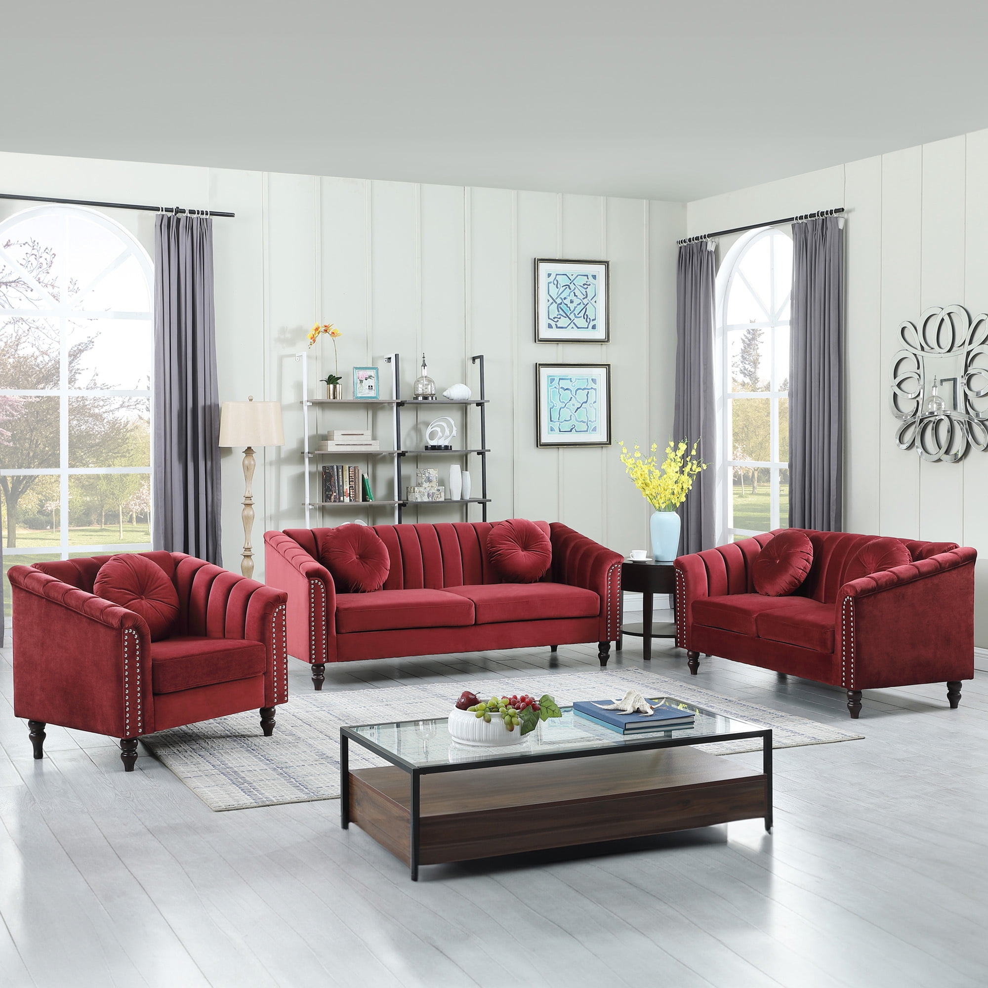 Aukfa 3 Seater Sofa Couch Set, Contemporary Living Room Sofa for Living Room Furniture Sets, Red