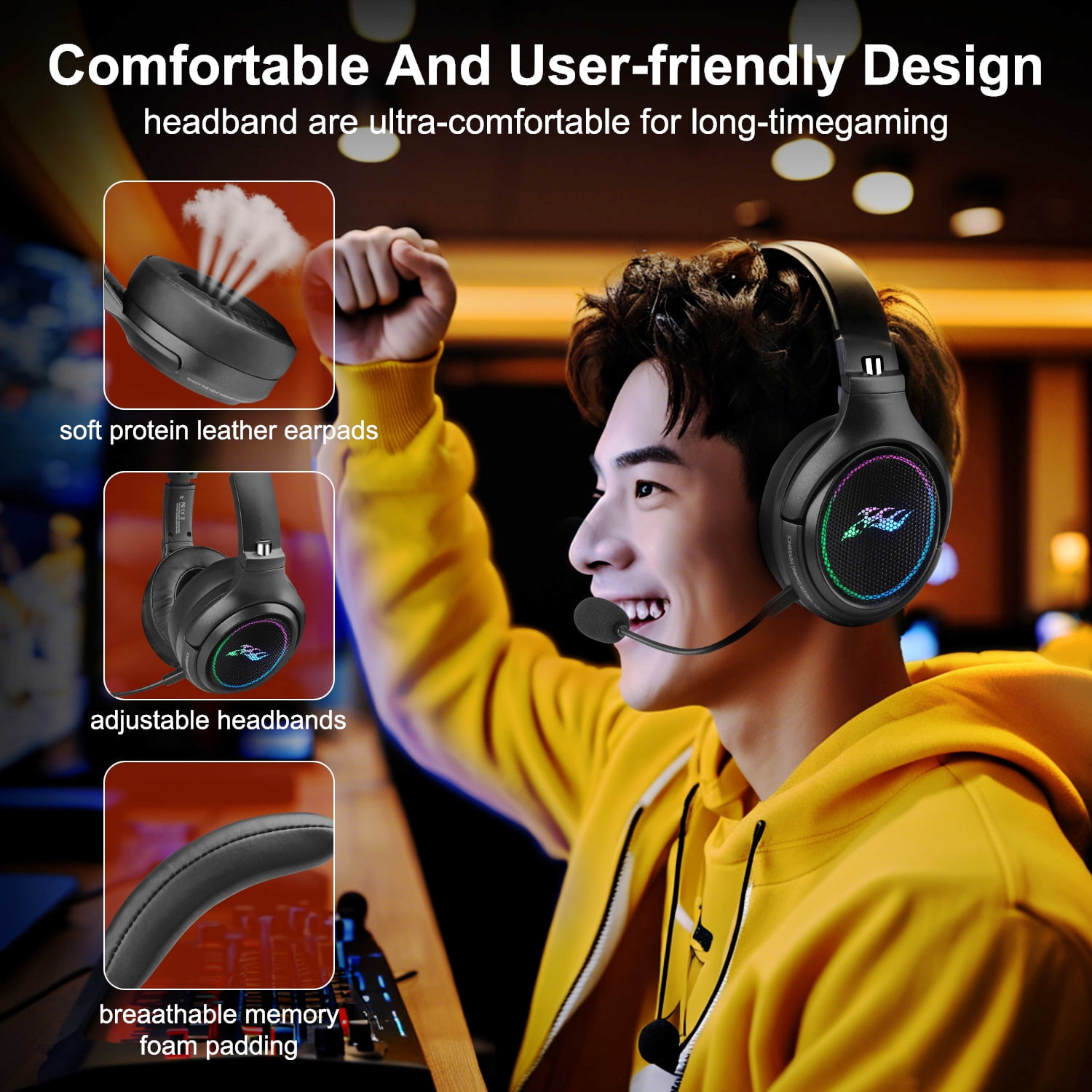 Wireless Gaming Headset,2.4G/Bluetooth Gaming Headphones w/Detachable Noise Cancelling Mic,Stereo Surround RGB Noise Cancelling Over Ear Headphones,3.5mm Wired for PS4 PS5 Xbox PC,Black,FCC Approved