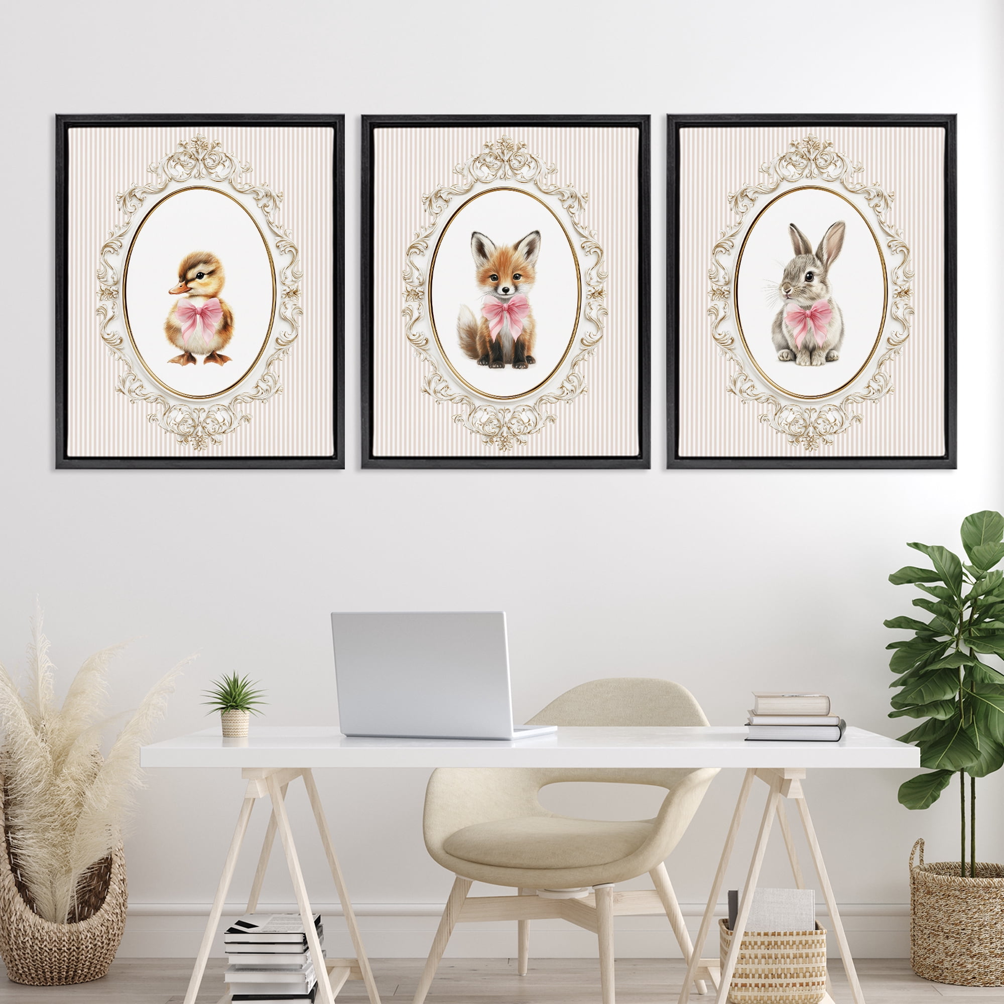 Stupell Industries Vintage Animals with Ornate Design 3 Piece Black Framed Floater Canvas Set, design by Christine Simpson Art