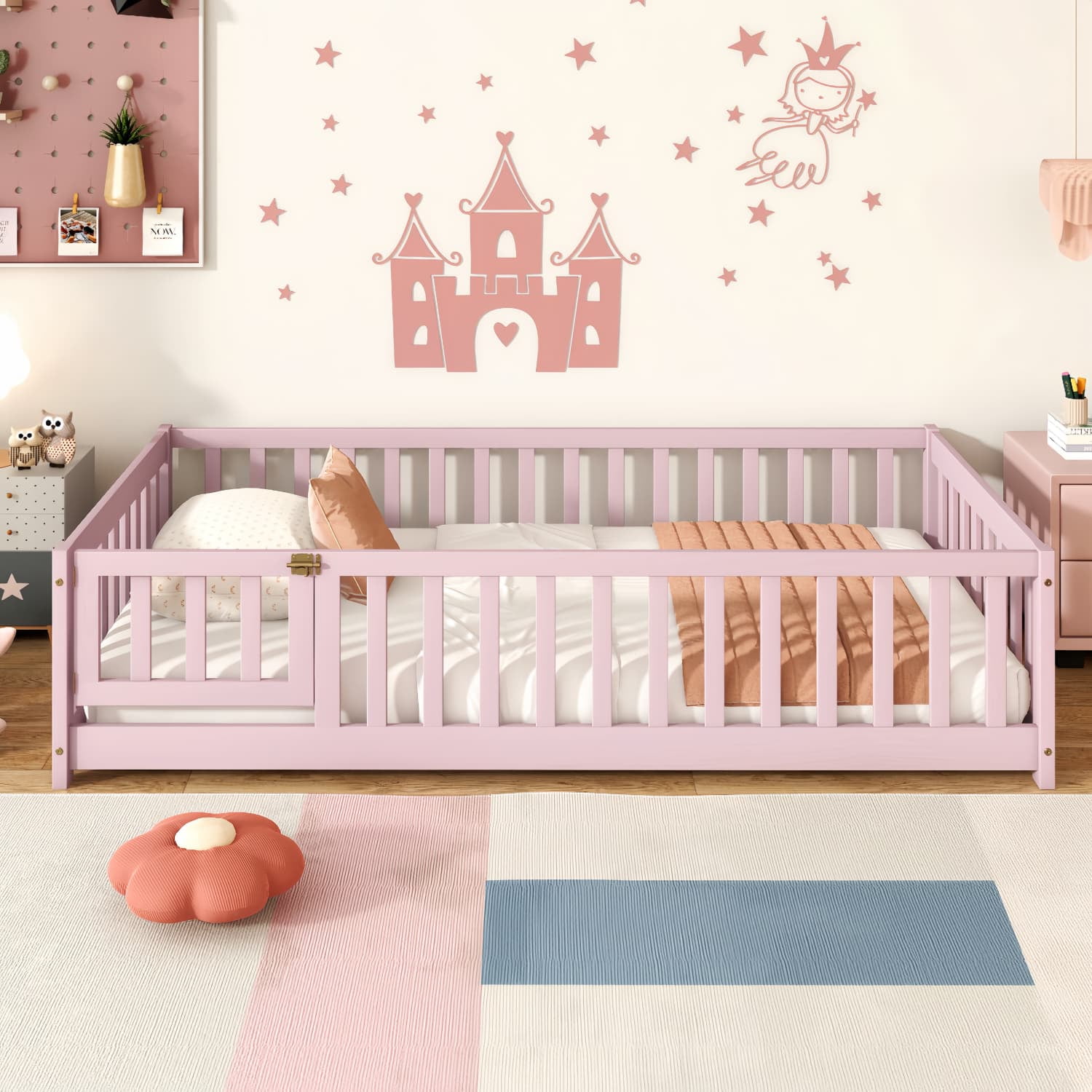 Twin Size Rubber Wood Kids Floor Bed with Full Surround Safety Guardrails & Access Door, Platform Bed with 7 Support Slats, 250LBS Capacity, Mattress Not Included for Small Bedroom