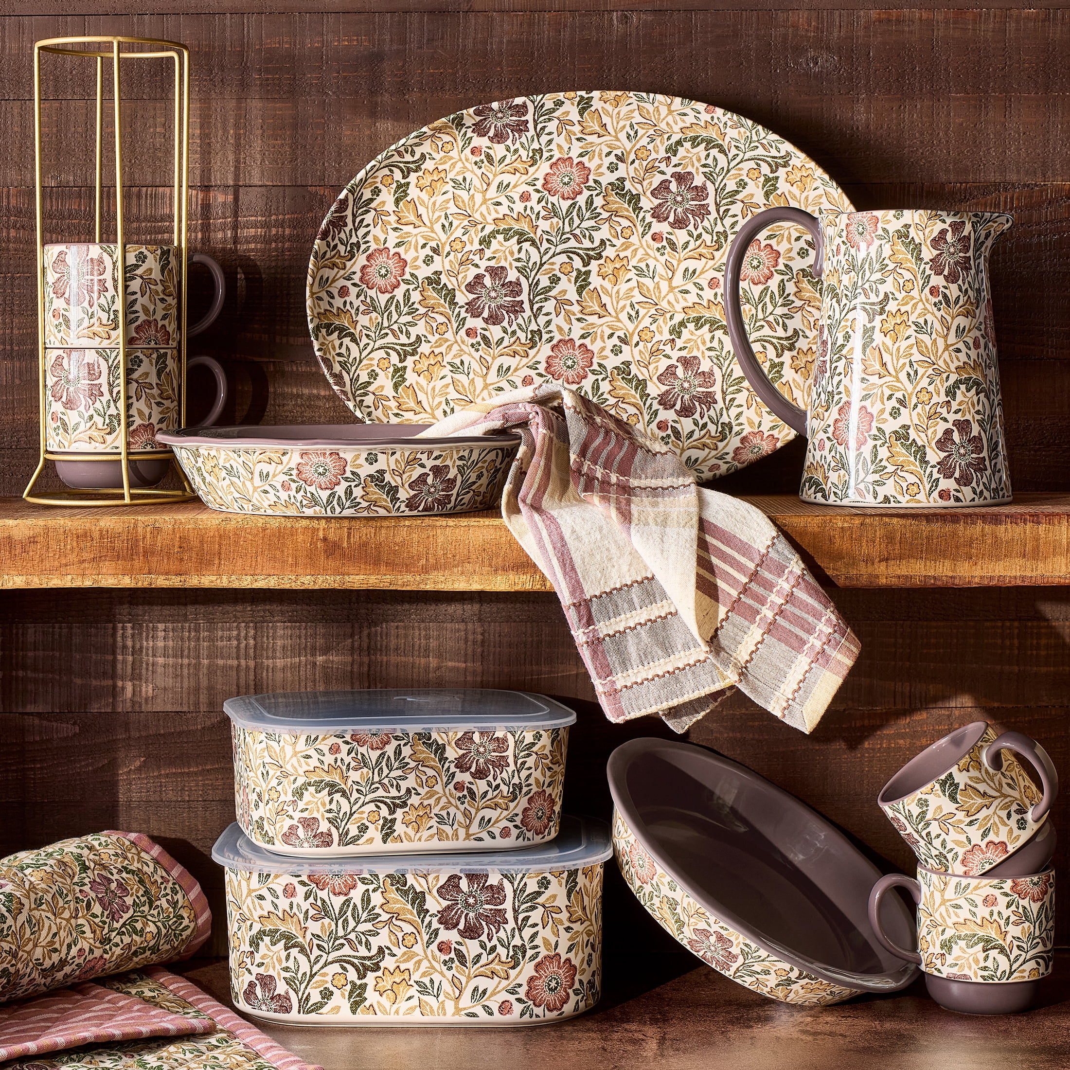 Better Homes & Gardens Edith Vine Floral Stoneware Stacking Mugs with Metal Storage Rack, 5-Piece Set, 14 oz