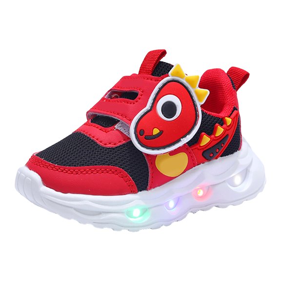 Toddler Boys Dinosaur Light Up Walking Shoes Fashion LED Flashing Breathable Platform Non Slip Tennis Shoes Red