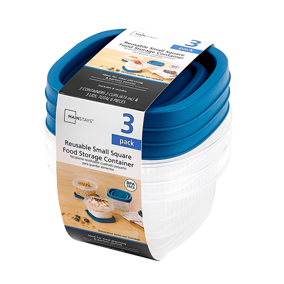 Mainstays Reusable Food Storage Container, Small Square, Plastic, 3-Pack, 3 Containers with Lids, 2 Cups, Ideal for Snacks and Fresh Ingredients