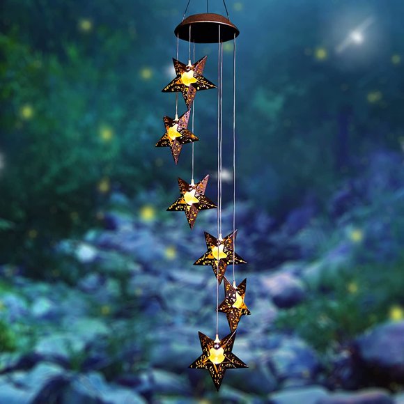 YSTINNG Solar Wind Chimes Star Wind Chime Warm LED Hanging Solar Lights Unique Garden Decor Memorial Thanksgiving Gifts for Mom Grandma Sister Home Party YD72-3154