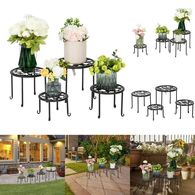 Goorabbit Plant Stands Clearance Reduced Price,4 Plant Shelves with 4-1 Round Pattern in Black Baking Paint Metal Plant Stand Flower Pot Round Rack Display for Home, Garden, Patio