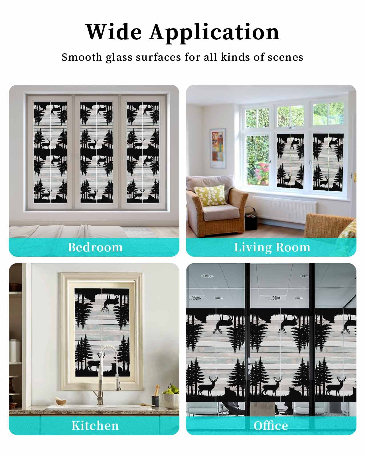 Window Privacy Film Forest Bear Stained Glass Window Film Decorative Sun Block Window Cover Silhouette Elk Stripes Tree Wood Grain Window Clings Static Adhesive Sticker for Bathroom 35.4"x78.7"