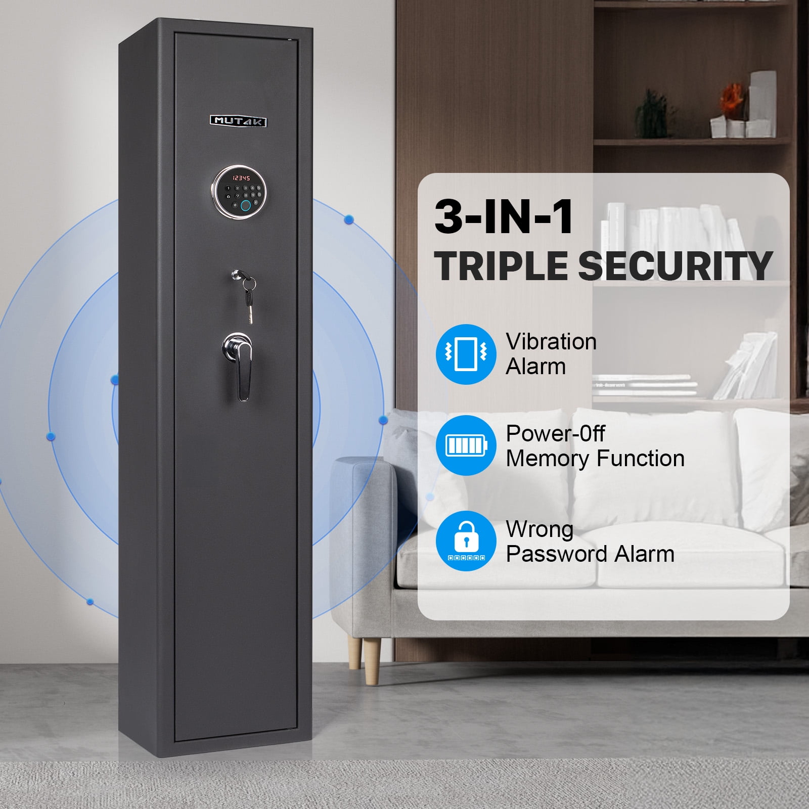 5  Large Gun Safe, Mutak Biometric Fingerprint, Gun Cabinet with Mute Mode, Long Gun Safe with Adjustable Gun Support, Removable Shelf & Metal Storage Box