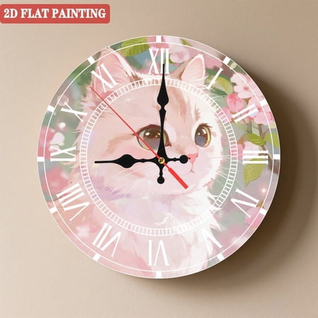 Wooden Wall Clock with Cherry Blossom - Themed Pink Cat Illustration, Silent Movement, Battery Operated (AA Batteries Not Included), Artistic Home Decor, 10×10inch (25×25cm)