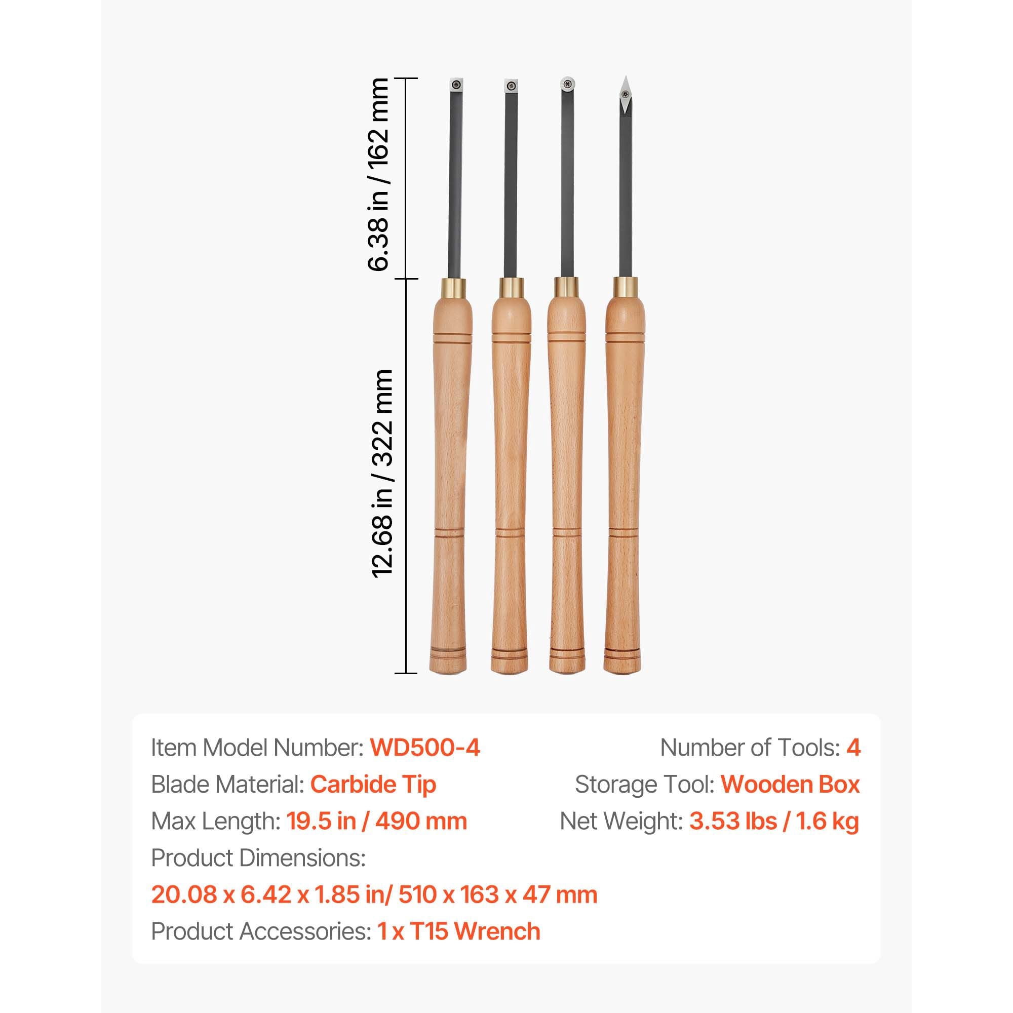 Wood Lathe Chisel Set 4-Piece Carbide Replaceable Blades Diamond/Round/Square with Wooden Box for Woodworking