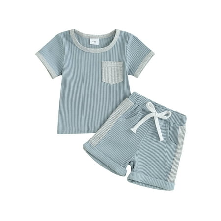 

Bslissey 2Pcs Toddler Boy Clothes Set 6M 12M 18M 24M 3T Patchwork Ribbed Short Sleeve T-Shirt Tops + Rolled Hem Elastic Waist Shorts Infant Boy Summer Casual Outfits