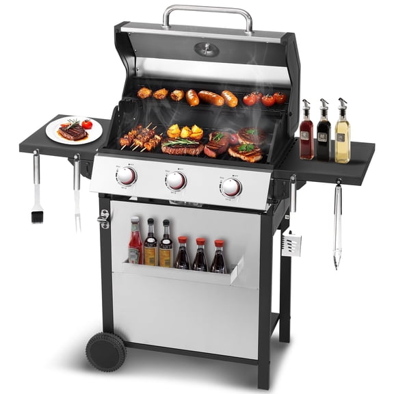 3-Burner Propane Gas Grill with 30,000 BTU Output - Double-layer Stainless Steel Grill Lid, Cast Iron Cooking Grate, Easy-Clean Grease Management & Even Heat Distribution for Perfect BBQs