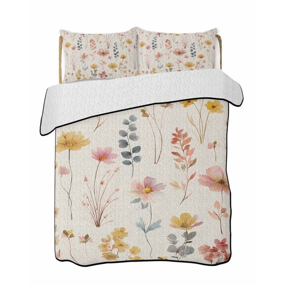 Quilts Twin Size Bedding Set, Pink Floral Lightweight Quilted Comforter, Watercolor Flowers Botanical Linen Texture Soft Reversible Bedspread Coverlet with Pillow Covers for All Season, 68" x 86"