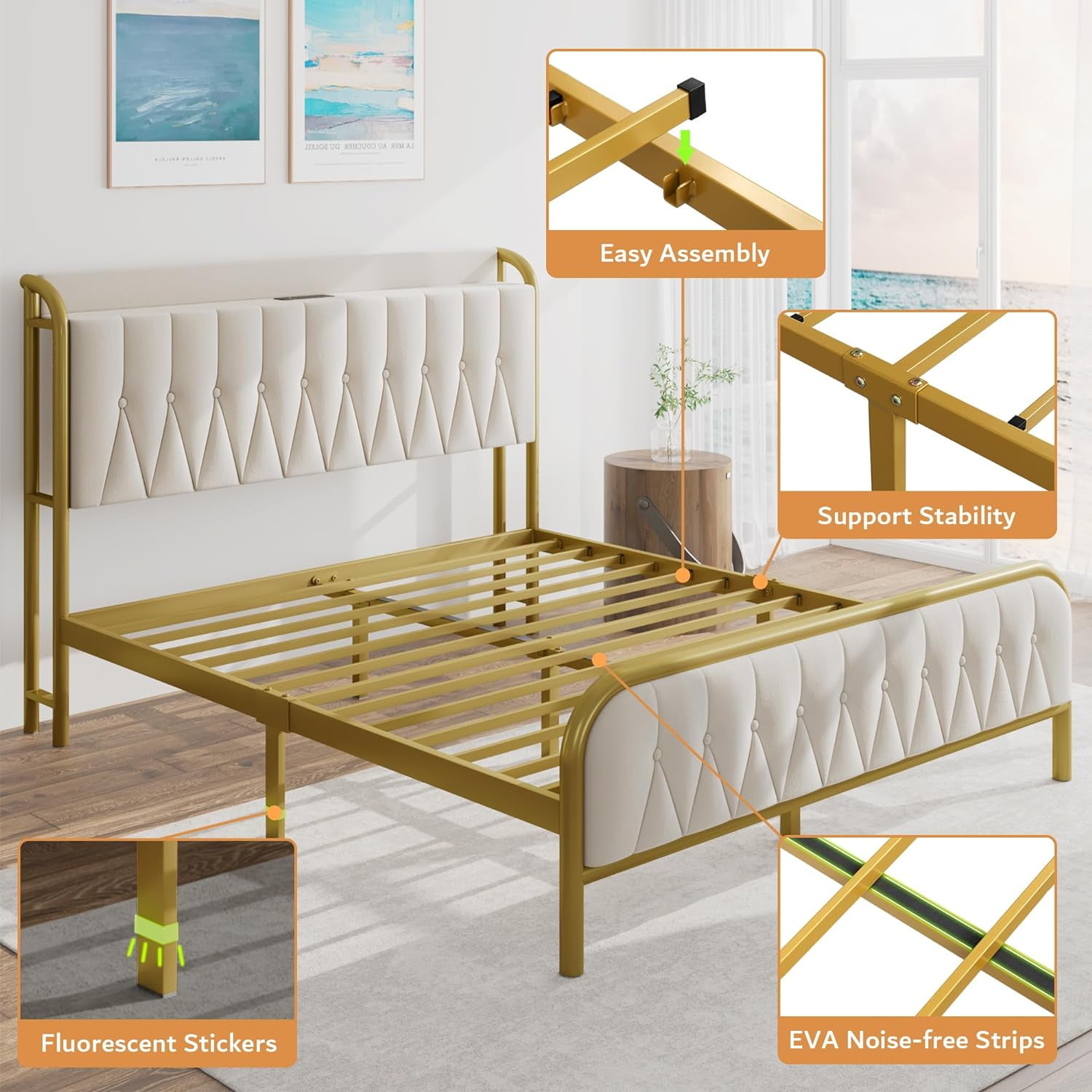 iPormis Full Bed Frame with  USB Ports,12" Underbed Storage Space,Metal Platform Bed, with Velvet Upholstered Headboard & Footboard, Beige