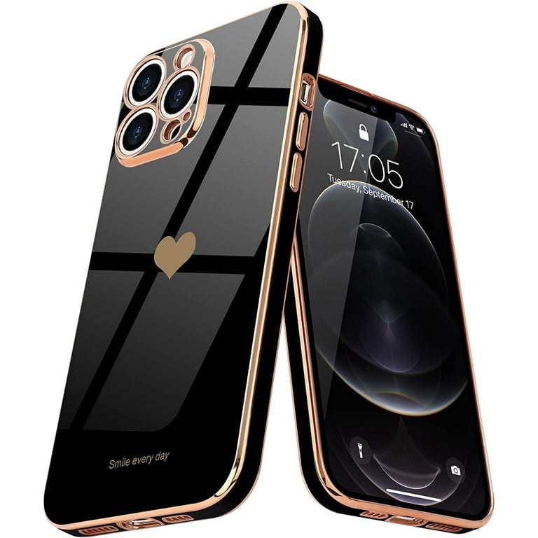 iPhone 12 Pro Max Case for Women Girl Cute Love-Heart Luxury Bling Plating  Soft Back Cover Raised Camera Protection Bumper Silicone Shockproof Phone