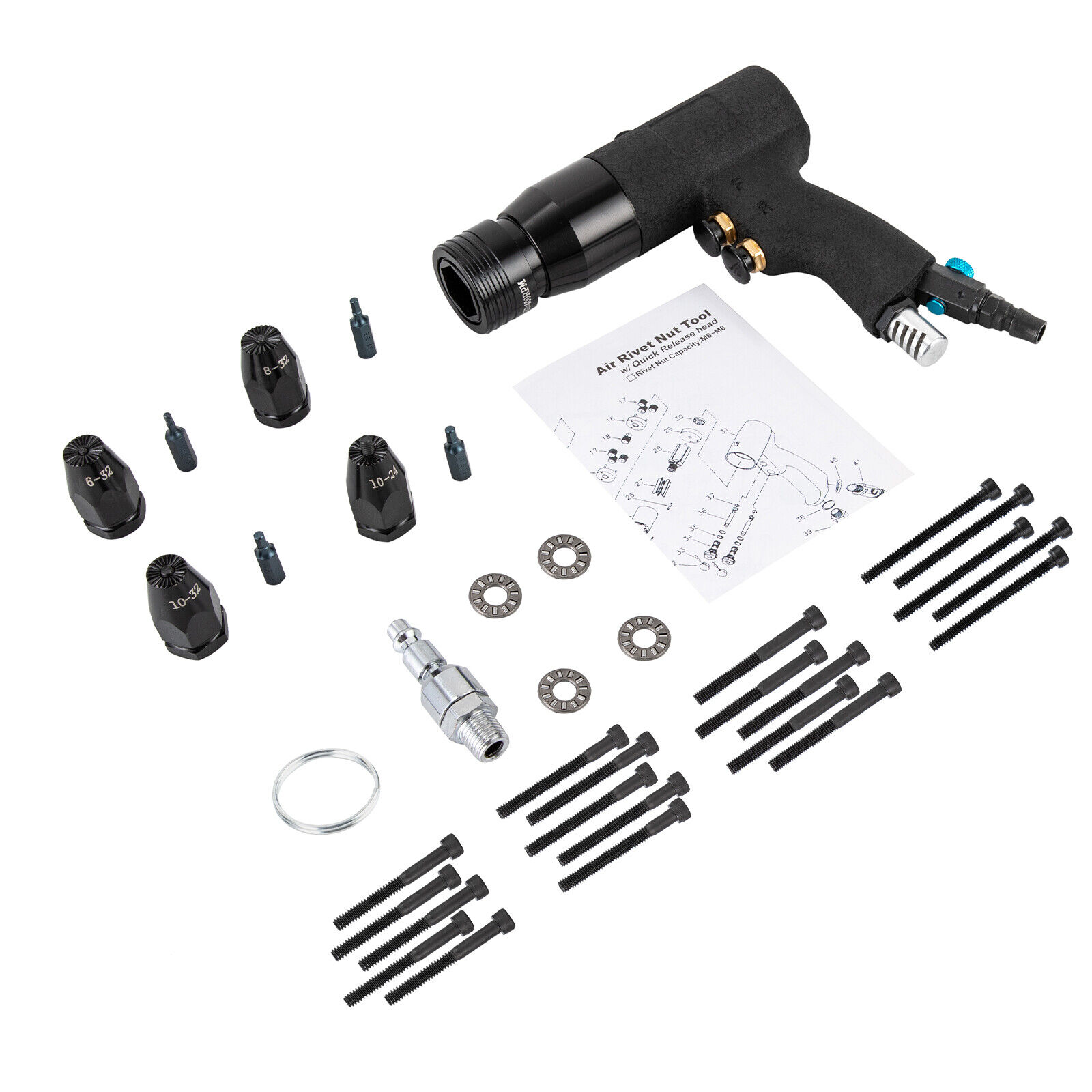 Miumaeov Pneumatic Rivet Nut Gun Air Rivnut Setting Gun Pro Riveting Machine w/10-24", 1/4", 5/16", 3/8" Gun Heads