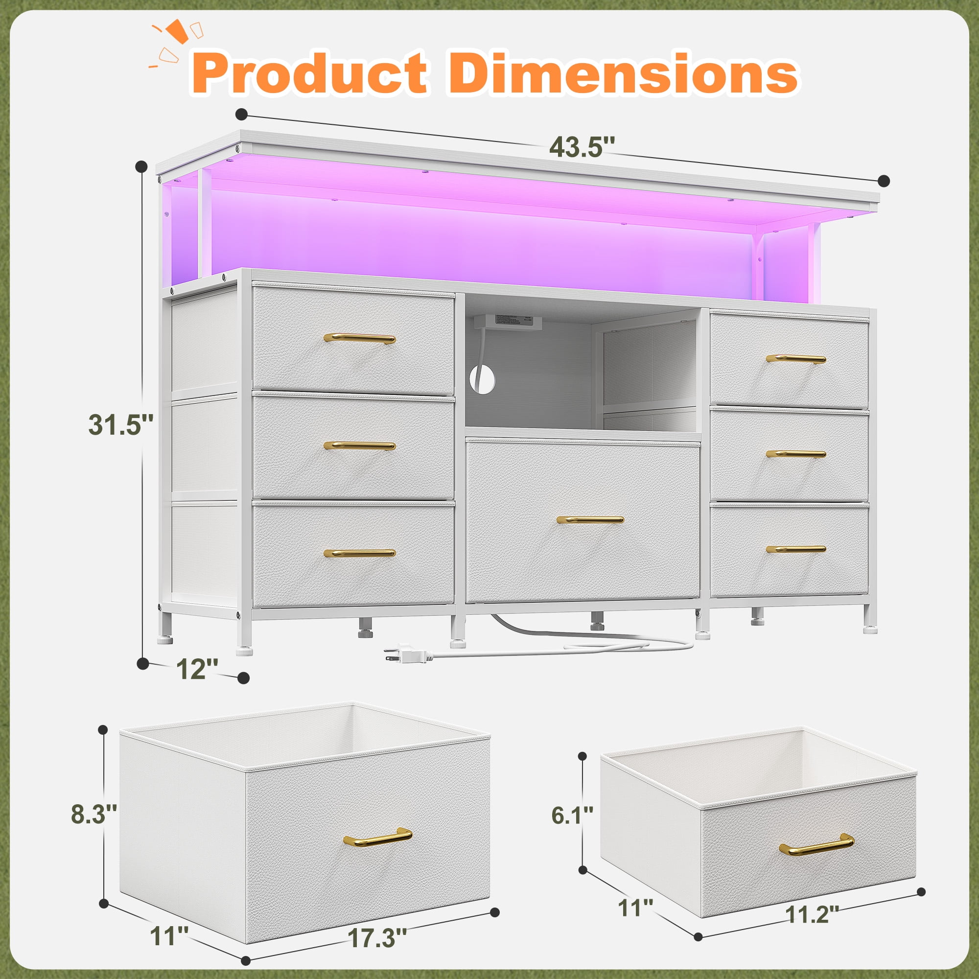 Dresser TV Stand for Bedroom with LED Lights & Power Outlets for 55" TV Wide Dresser for Bedroom with 7 Drawers & Open Shelves for Living Room, Sturdy Frame, White