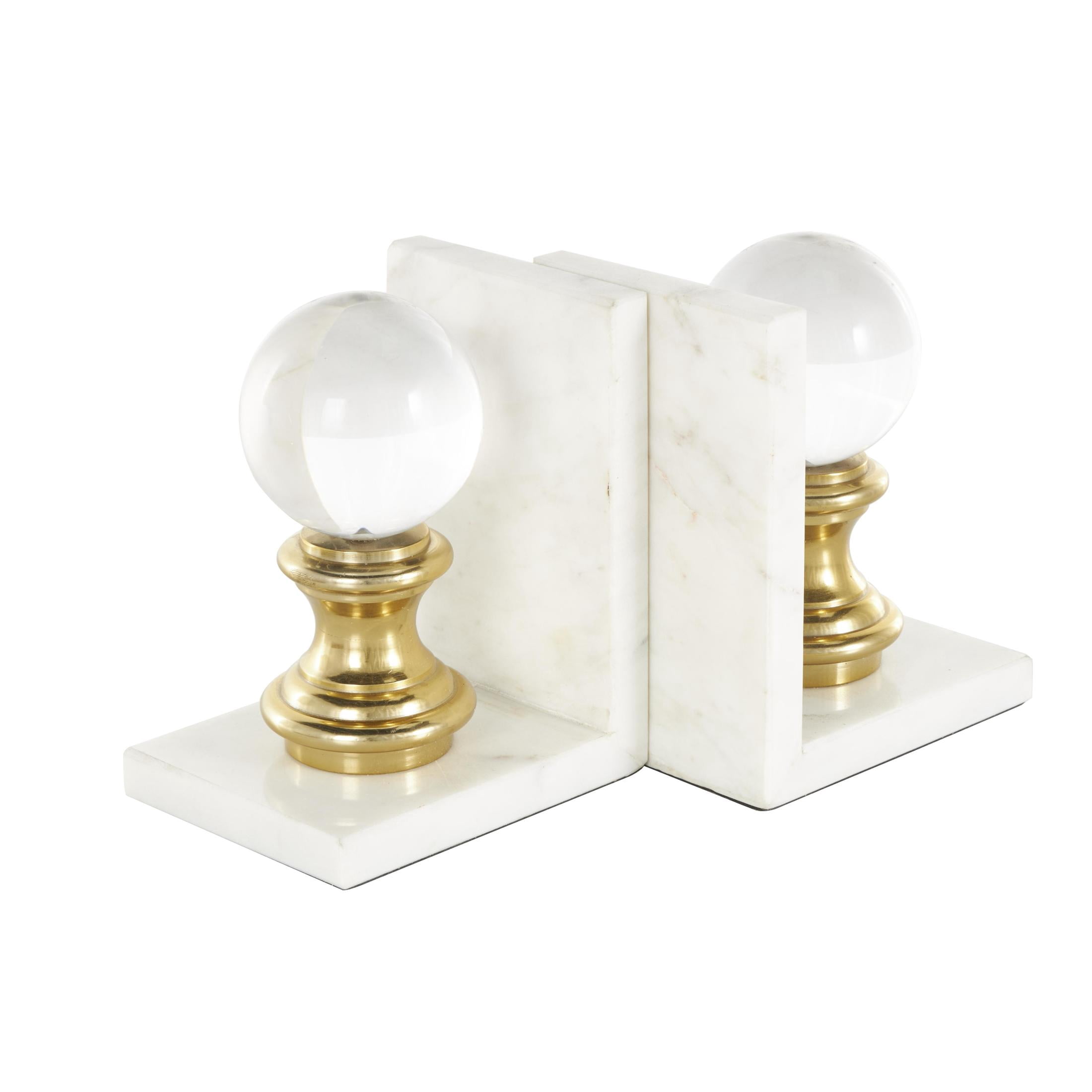 DecMode 5" White Marble Bookends with Glass Orbs and Gold Accents (Set of 2)