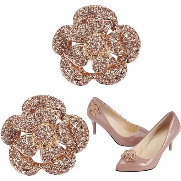 2PCS Shoe Clips 1.7x1.6 Inch Luxury Rhinestones Charms Light Gold Exquisite Flower Buckles Jewelry Decoration With Box for Women Pumps Flats Clutch Hat Scarves