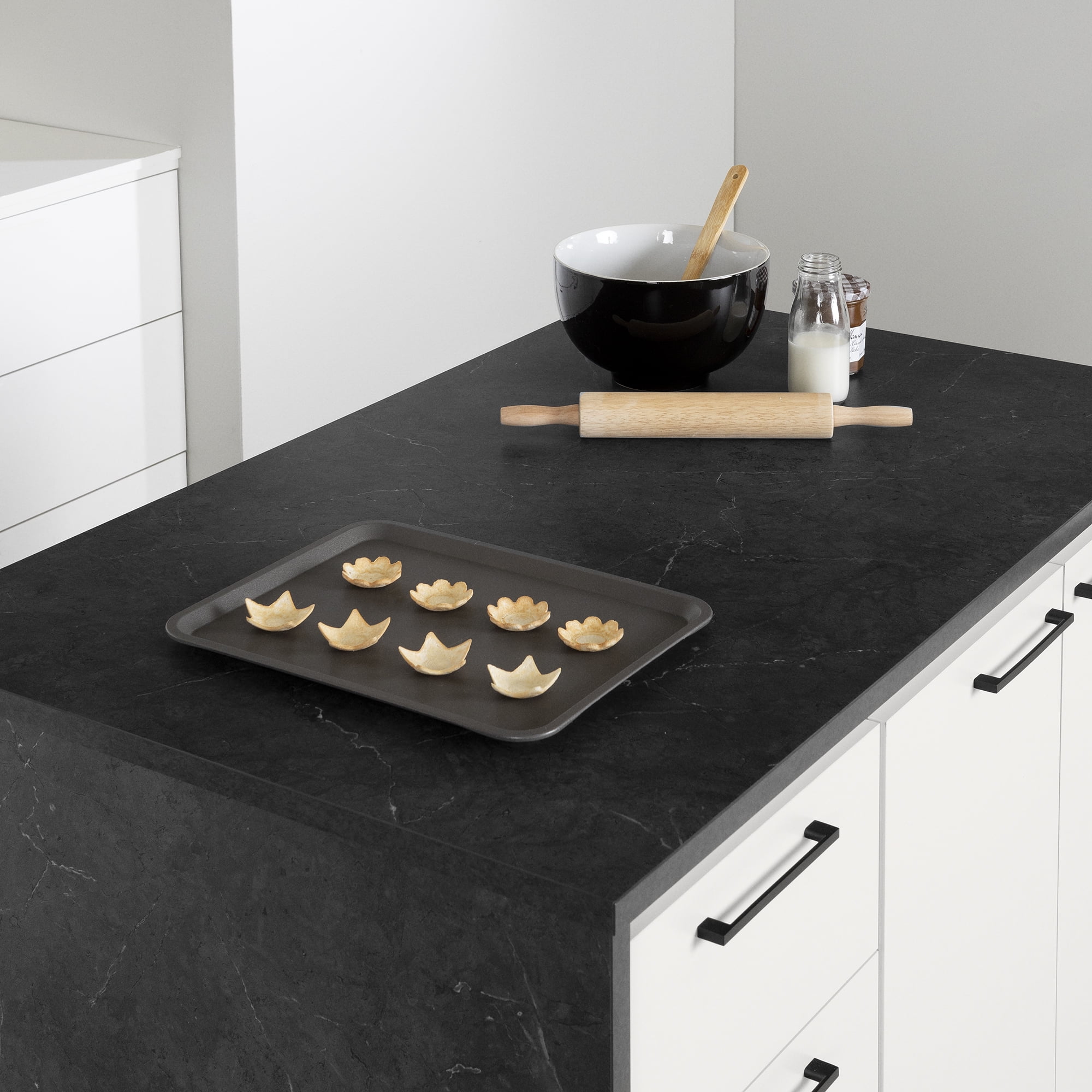 South Shore Myro Kitchen Island with Storage, in Faux Black Stone and White