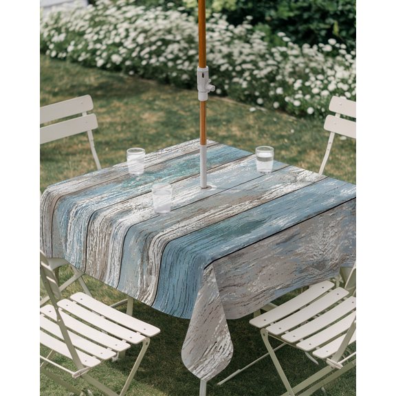 Outdoor Tablecloth with Umbrella Hole, Rustic Teal Wood Planks Zippered Table Cloth for Rectangle Tables, Minimalist Striped Washable Waterproof Tablecloths for Picnic Patio Garden