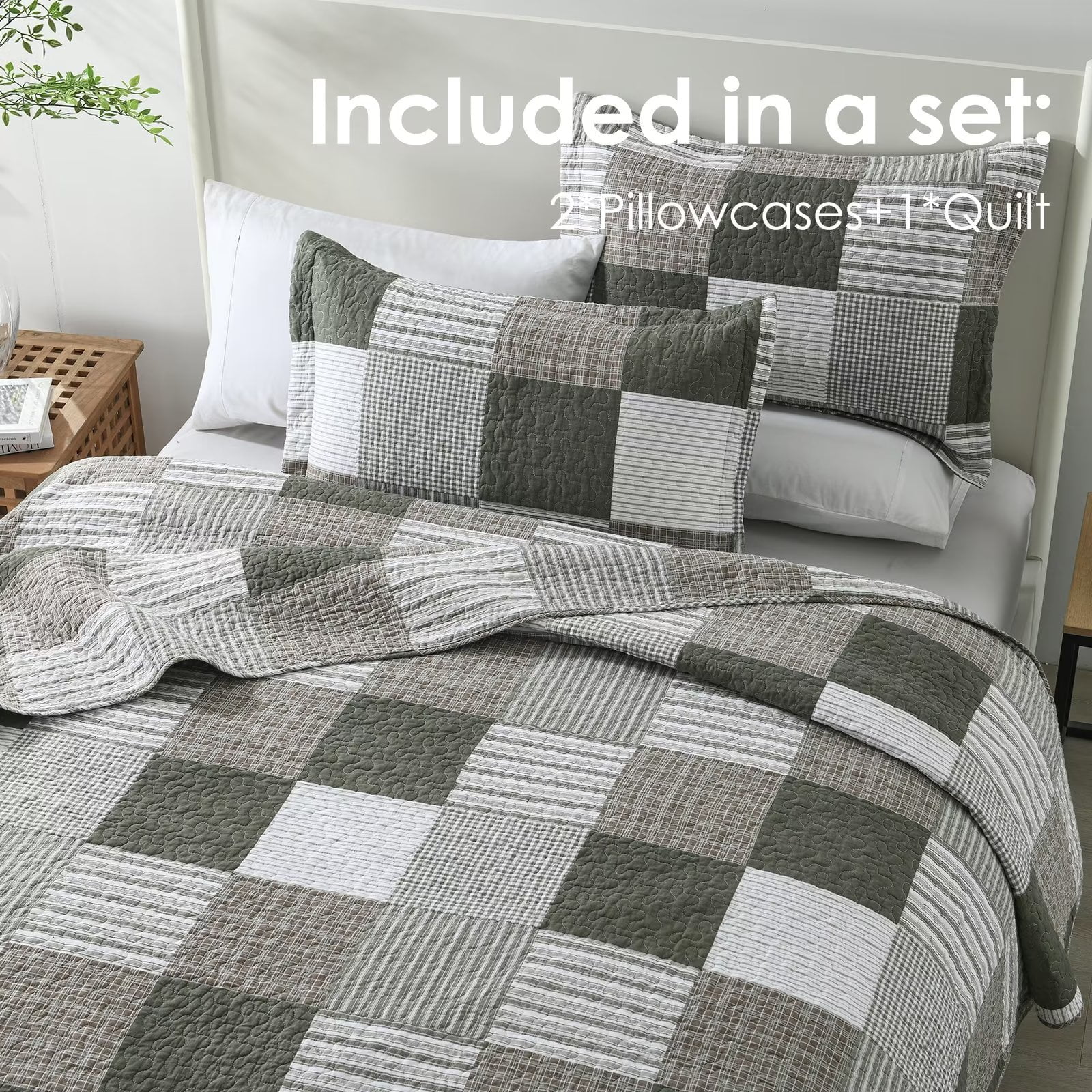 Bedduvit Queen Size Quilt Set - 100% Cotton Green/Moonbeam Patchwork Plaid Queen Size Quilt Bedspread, Farmhouse Lightweight Winter Fall Comforter Set/Bedding Set for All Season, 3-Piece (98"x90")