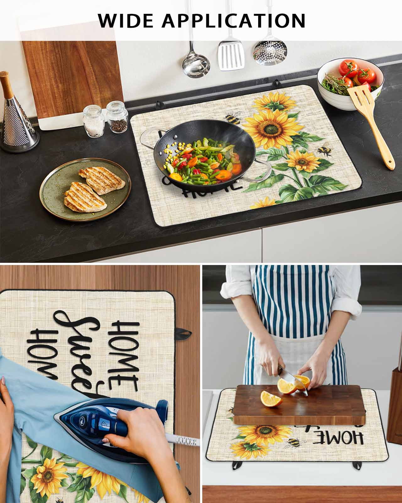 nqOlkjepod Large Induction Cooktop Protector Mat 24"x21", Spring Sunflowers Stove Top Covers for Electric Stove, Bee Beige Farm Country Rustic Stove Burner Cover Mats, Glass Top Stove Cover