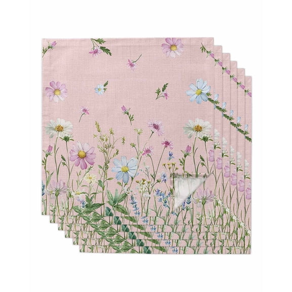 Flower Pink Cloth Napkins Set of 6 Reusable Dinner Napkins, Blue Pink Daisy Wildflower Floral Botanical Cocktail Napkin Washable Table Napkins for Wedding/Holiday Party/Baby Shower 20"x20"