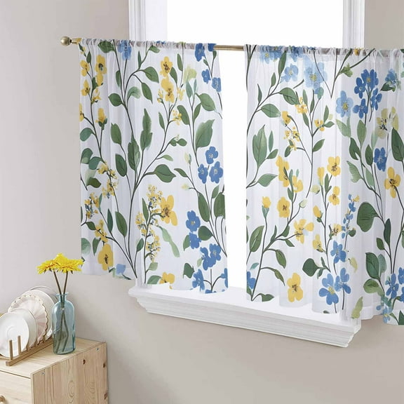 Blue Yellow Floral Spring Semi Sheer Curtains 45 Inch Length 2 Panels Set, Green Pastoral Summer Botanical Sheer Kitchen Curtain Privacy Voile Window Curtain for Living Room Bedroom Rod Pocket Drapes