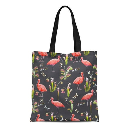 SIDONKU Canvas Tote Bag Watercolor Pattern Scarlet Ibis Venus Fly Trap and Sarracenia Reusable Shoulder Grocery Shopping Bags