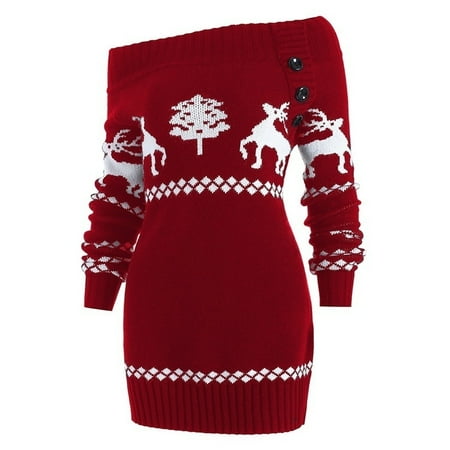 Christmas Knitted Dress 4 Colors Women'S Fashion Off Shoulder Elk Knitted Sweater Dress Long Sleeve Christmas Dress ()