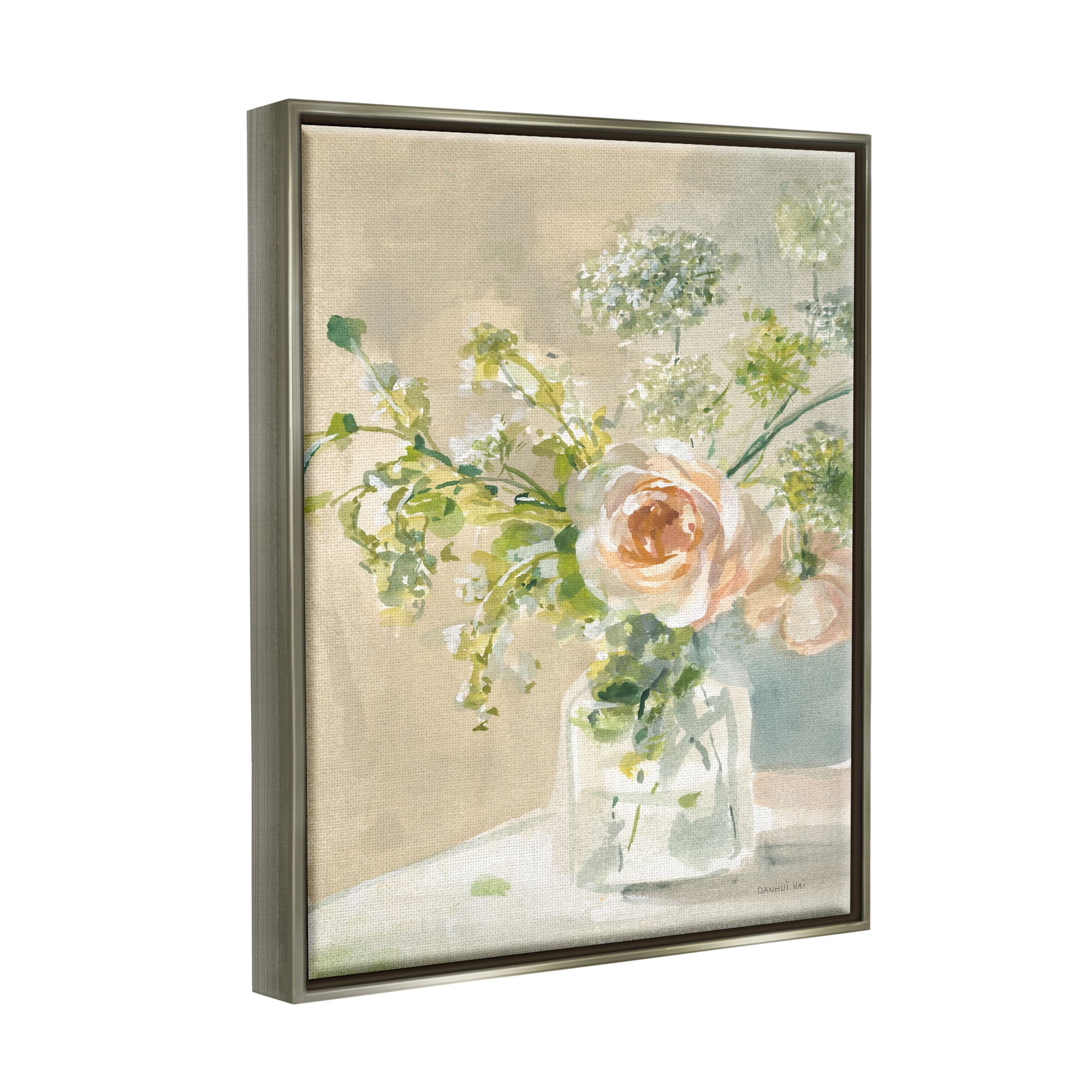 Stupell Industries Rose Bouquet Painting Botanical & Floral Painting Gray Floater Framed Canvas Art Print Wall Art, 25 x 31