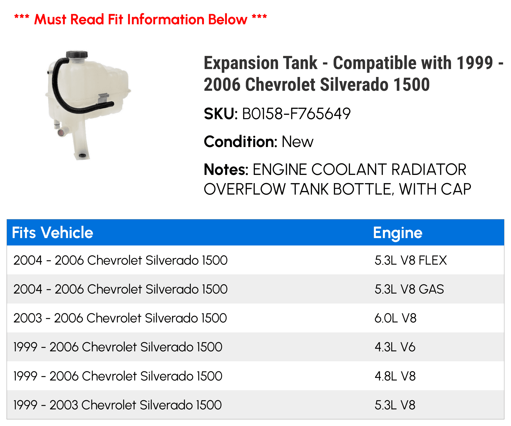 Expansion Tank - Compatible with 1999 - 2006 Chevy Silverado 1500 2000 2001 2002 2003 2004 2005
