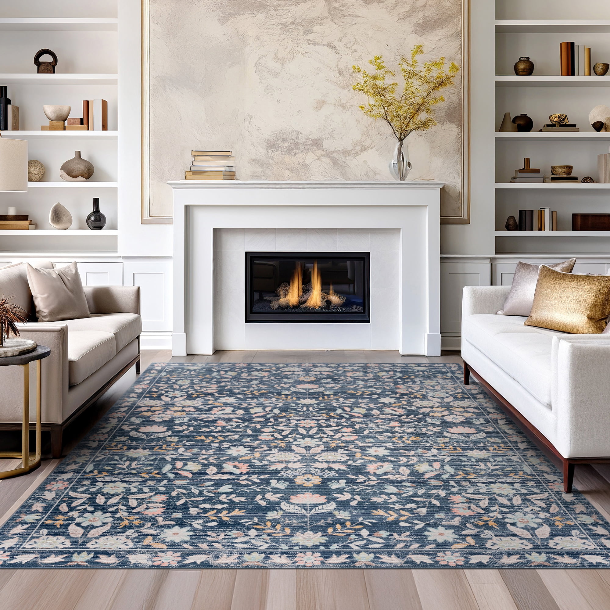 Crestwood Traditional Oriental 2x3 Navy and Aqua Polyester Indoor Area Rug, 2' x 3'