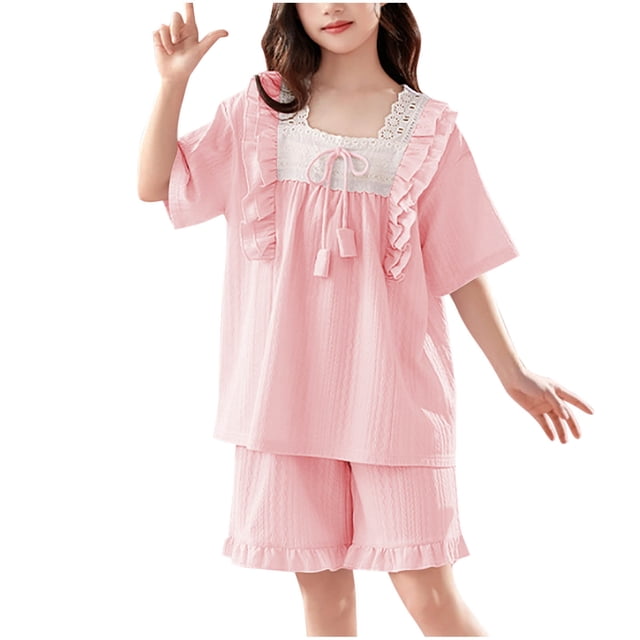 Zpanxa Toddler Girls Outfits Summer Solid Color Thin Home Clothing with Ruffle Short Sleeve Round Neck Blouses 8-9 Years