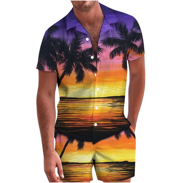 Traje de camisa informal de dos piezas con pantalones cortos de manga corta para hombre Pompotops oipoqjl35609