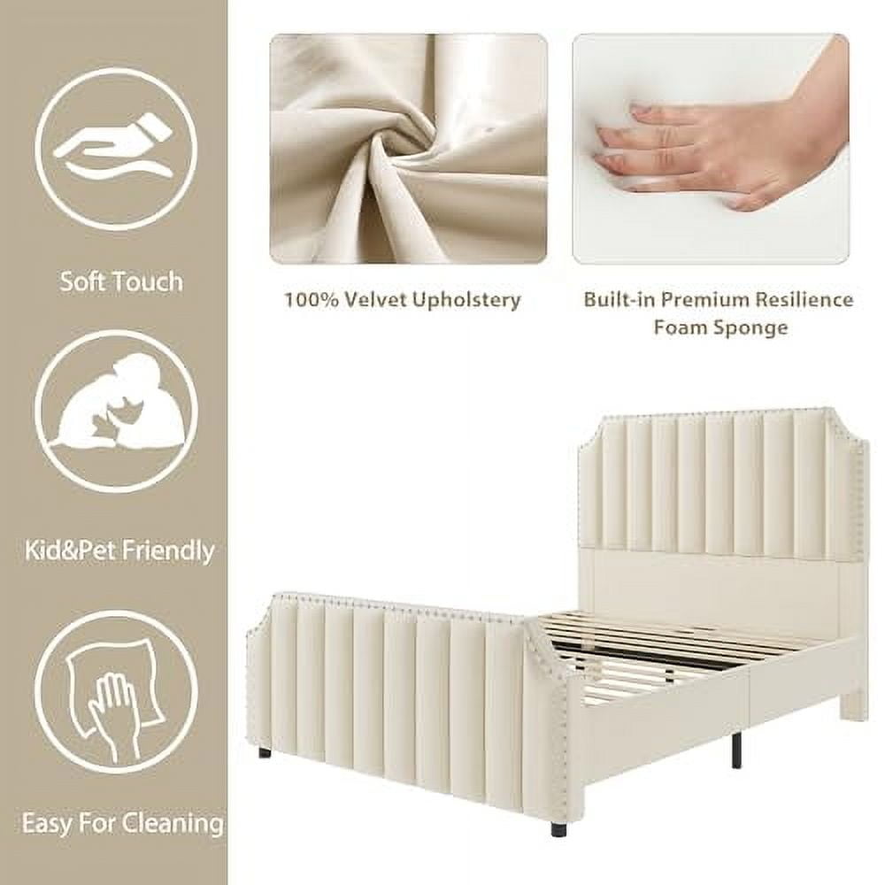 Huisuilinss Queen Bed Frame,Upholstered Platform Bed Frame,Velvet King Size Bed Frame With Nailhead Trim Headboard & Footboard,No Box Spring Needed,Noise Free,Wooden Slats