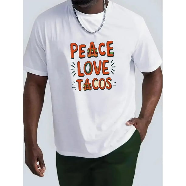 Men's Funny Graphic T-Shirt - Peace Love Tacos Print Crew Neck Tee - Soft Everyday Shirt for Taco Tuesday, Mexican Food Lovers - Machine Washable Casual Top (White), Taco Bar Party Supplies