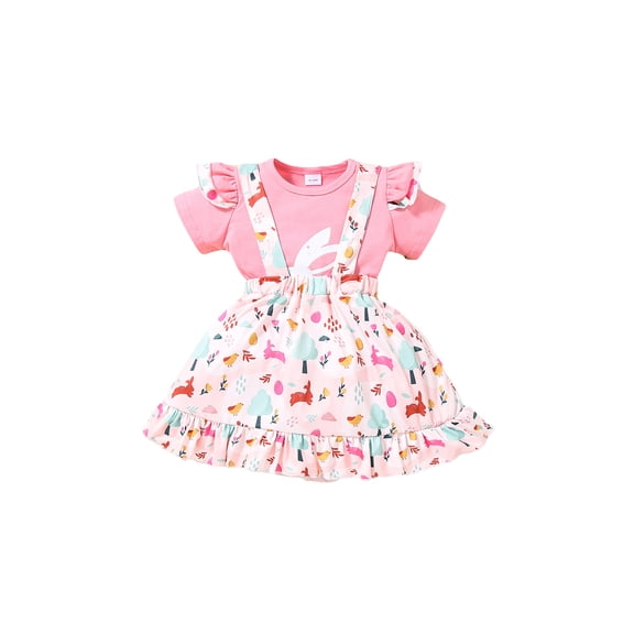 Inevnen Toddler Baby Girl Easter Clothes Ruffle Sleeves Top Bunny Suspender Skirt Outfits