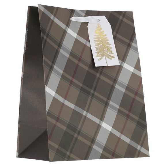 Brown and Gray Plaid Christmas Paper Gift Bag, 7.5" x 4.5" x 9.8", by Holiday Time