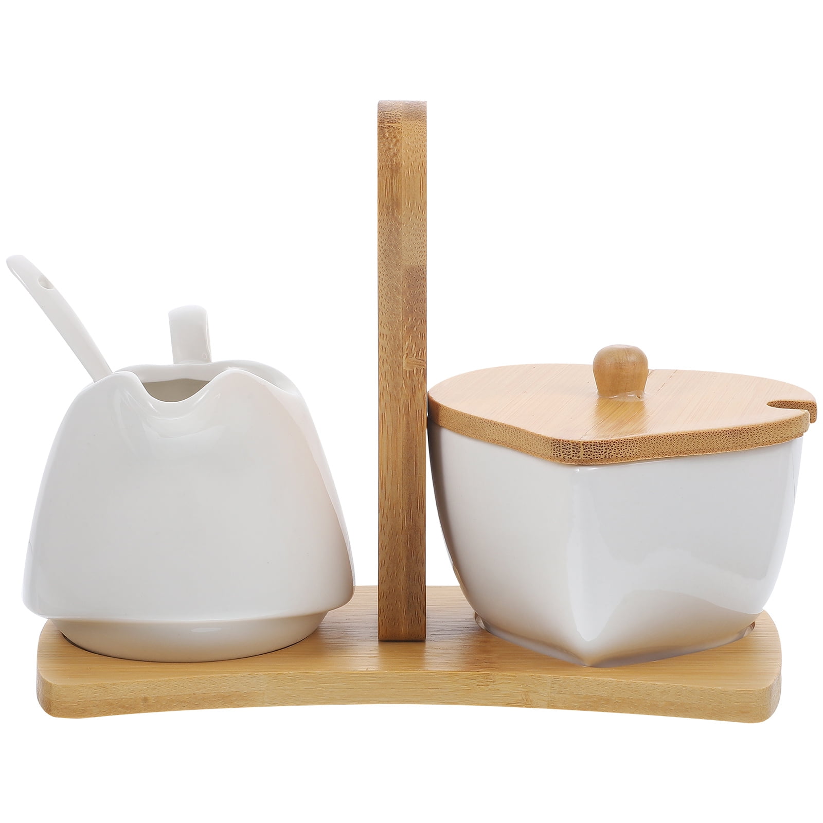 Ceramic Sugar Bowl and Cream Pitcher Set with Bamboo Tray and Spoon for Home Hotel