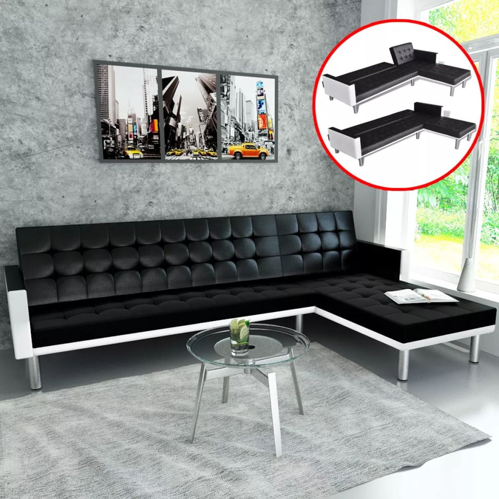 Kepooman Modern L-Shaped Artificial Leather Convertible Sectional Sofa Bed for Living Room, Black Kepooman Modern L-Shaped Artificial Leather Convertible Sectional Sofa Bed for Living Room, Black