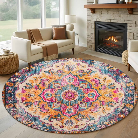 Blue Pink Round Area Rug 6 FT, Non Slip Bedroom Area Rug, Boho Middle Century Geometric Abstract Washable Soft Circular Carpet Non-Shedding Floor Mat for Kitchen Dining Room Home Office Kids Room