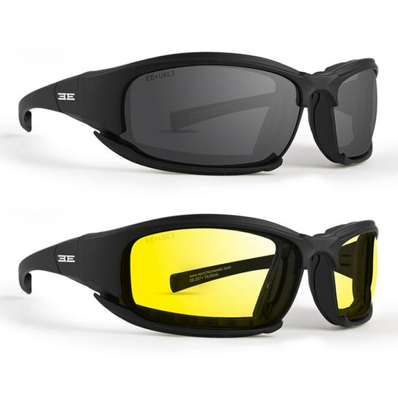 Epoch Eyewear Hybrid Motorcycle Riding Sunglasses Convertible to Goggles 2 Pair Black Frame w/Smoke and Yellow Lens