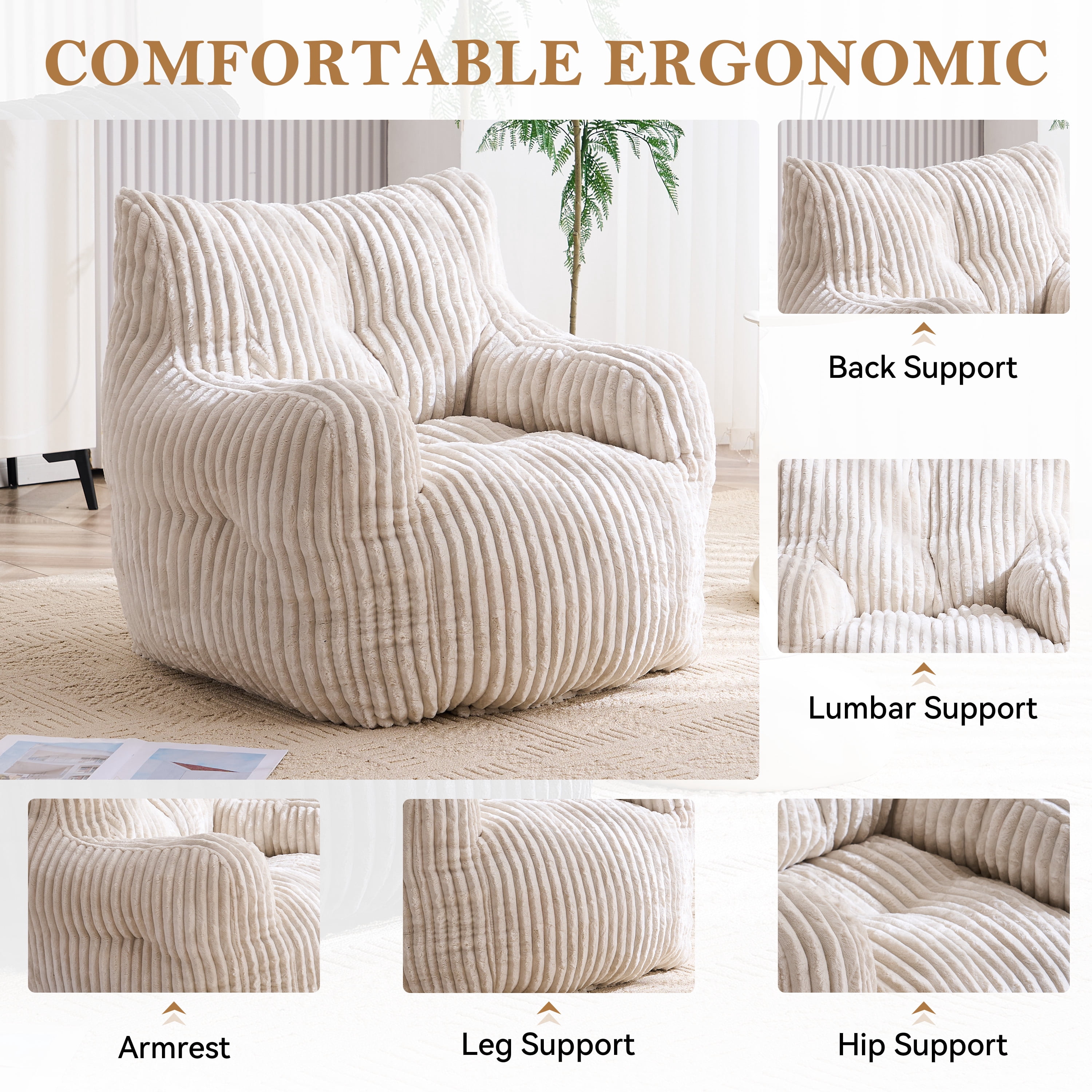 Soft Fluffy Corduroy Fabric Bean Bag Chair Filled With Memory Sponge, Beige