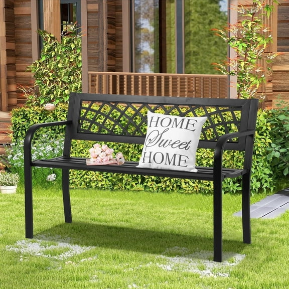 NiamVelo Patio Park Garden Bench Outdoor Metal Benches, 400 lbs Cast Iron Steel Frame Chair with PVC Mesh Pattern - for Park Yard Front Porch Path Yard Lawn Decor Deck Furniture, Black