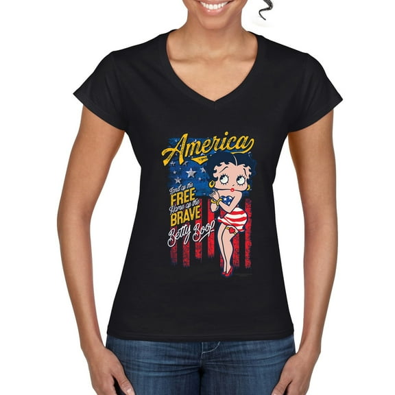 Wild Bobby Betty Boop America Land of the Free Home of the Brave Betty Boop Women’s Standard V-Neck Tee, Black, Small